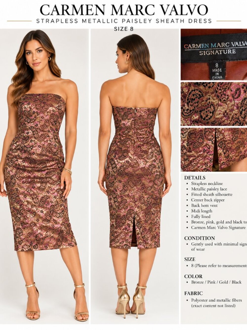 CARMEN MARC VALVO BRONZE PINK METALLIC PAISLEY STRAPLESS MIDI DRESS SIZE 8